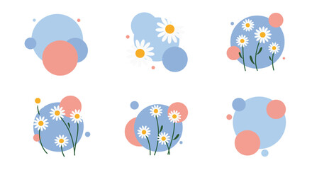 Obraz premium Minimal flat style vector illustration of white daisies with yellow centers surrounded by pastel blue and pink abstract circles vector art