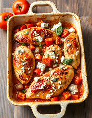 Juicy herb-roasted chicken paired with crisp seasonal vegetables, tangy sun-dried tomatoes, and creamy feta cheese baked to golden perfection in a rich casserole, watercolor. with white shades