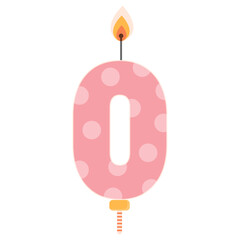 Number 0 birthday cake candle with flame light. Zero symbol for celebration design. Flat vector element isolated on white background.