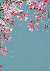 Light blue background with pink flowers and small white dots scattered across the top edge,