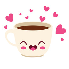 A cute kawaii coffee cup with smiling face and heart accents. Ideal for Valentine’s Day, romantic designs, cafe themes, stickers, and adorable coffee-related projects.