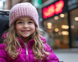 Smiling girl in a pink beanie and jacket outdoors.