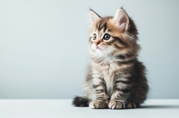 A fluffy kitten with soft, light fur sitting calmly with its paws