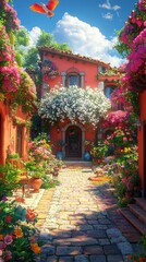 Fototapeta premium A picturesque cobblestone pathway leading to a vibrant, flower-adorned house
