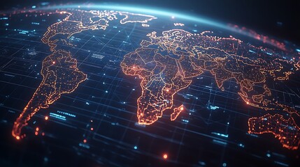 Fototapeta premium Digital World Map with Glowing Network Connections