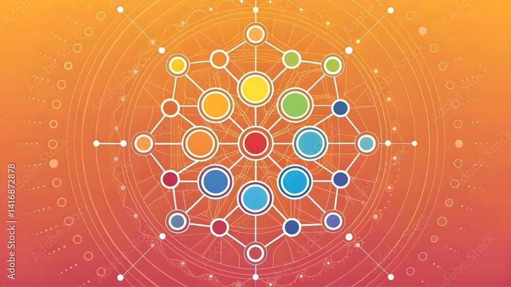 Poster a vibrant network of interconnected colorful circles representing unity and harmony in a warm, radia