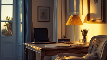 A cozy home office setup with a laptop, lamp, and stationery on a wooden desk by a window