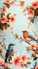 Fototapeta premium Two birds perched on blossoming branches against a light blue background