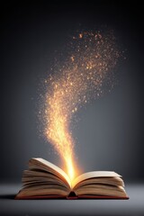 An open book emits a radiant burst of golden light and sparkling particles, suggesting magic or inspiration