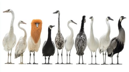 Obraz premium Exquisite Avian Sculptures Collection, Ornithological Wonders Displayed in Linear Formation, Artful Feathers and Graceful Forms in a Row, Unique Assemblage