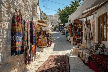 Fototapeta premium Outdoor market selling textiles, books, and souvenirs on cobblestone street, bright day