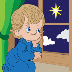 little boy staring out the window