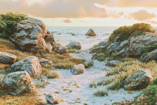 Coastal pathway through rocks at sunset.