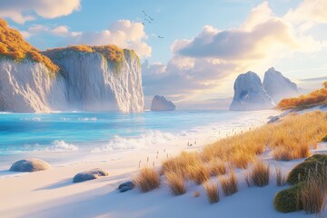Fototapeta premium Golden hour bathed beach landscape with dramatic cliffs.