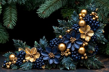 Dark navy blue and gold Christmas decorative arrangement.