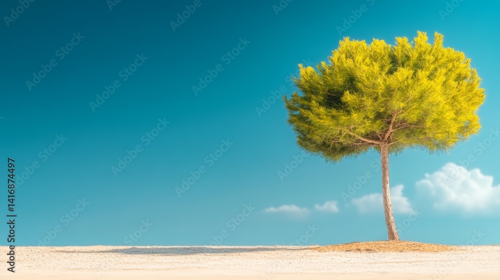 Poster tree is standing in a field with a blue sky in the background. the tree is the only object in the sc