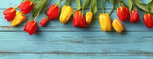 Red and yellow tulips on a blue wooden background with copy space for text, banner design. Easter