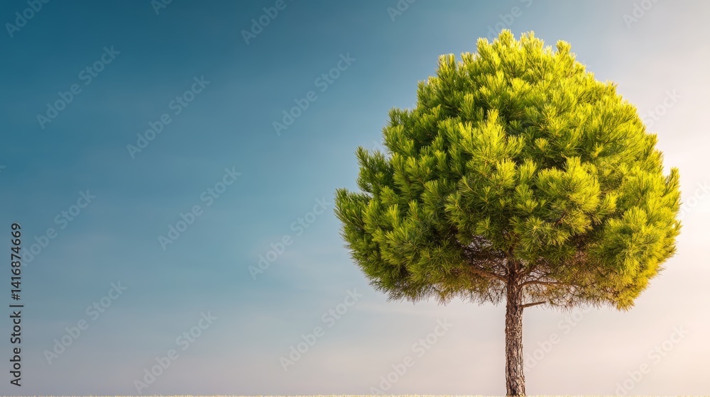 Poster tree is standing in a field with a blue sky in the background. the tree is green and he is healthy