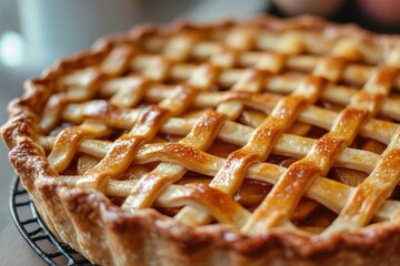 Close-up of a freshly baked lattice-top apple pie on cooling rack