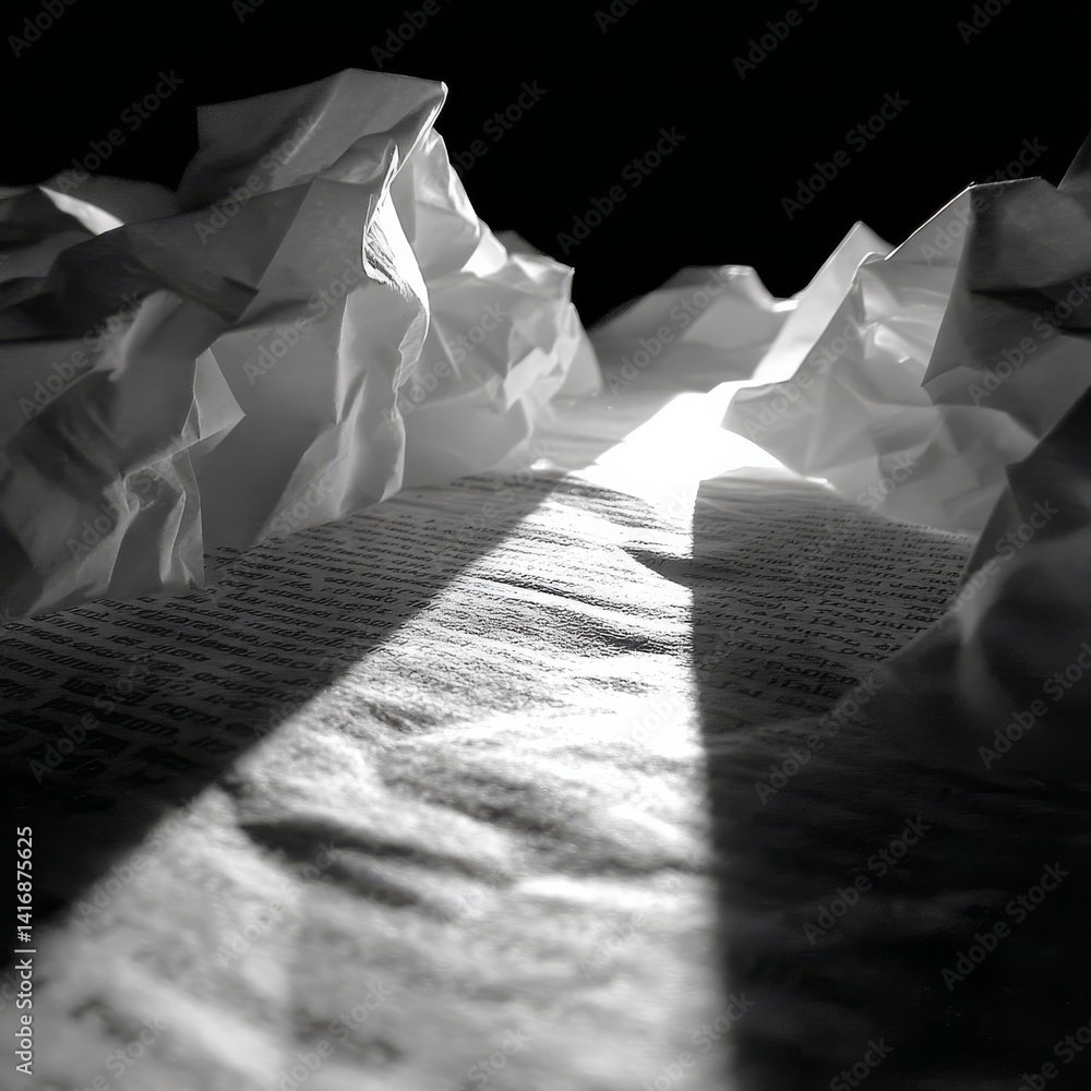 Poster a beam of light on text: an abstract monochrome composition with paper forms and deep shadows for ar