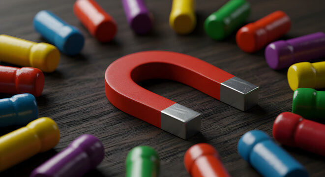 Red Horseshoe Magnet Surrounded by Colorful Wooden Pegs on Dark Wooden Surface