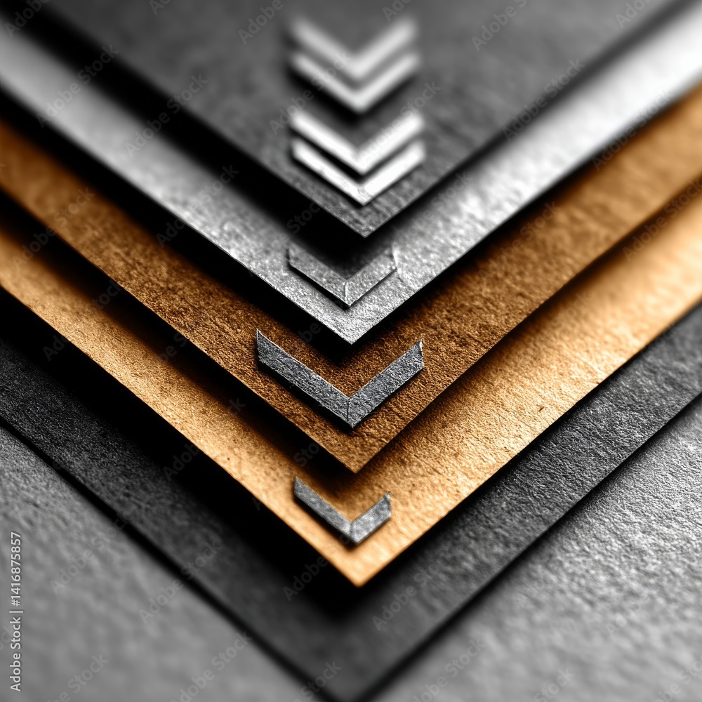 Leinwandbilder abstract geometric composition: chevron layers in gold and gray with textured surfaces and sharp ang