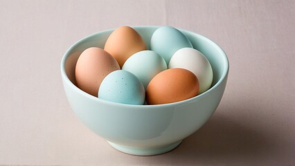 A Charming Assemblage: Delightful Dyed Eggs Nestled in a Gentle Blue Ceramic Bowl, Evoking a Sense of Spring and Natural Beauty.
