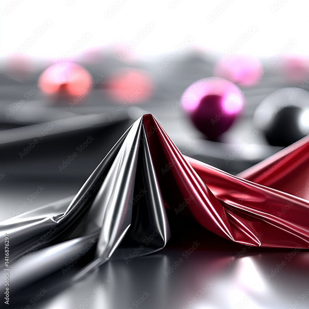 Poster abstract metallic folds and shimmering orbs create a visually stunning modern art piece.