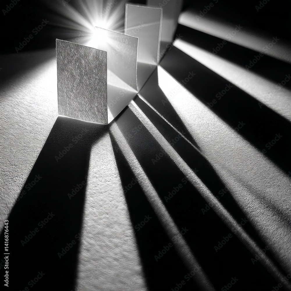 Aufkleber Abstract Play of Light and Shadow: Minimalist Black and White Composition with Geometric Shapes and Light Rays.