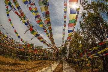 Nepal Nagarkot province Bagmati temple with flags in the wind