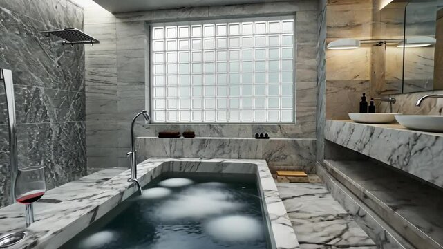 Elegant bathroom features a luxurious marble bathtub, glass block window, and dual vanities with a sleek and modern design.