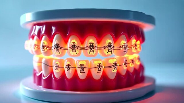 Braces dental, tooth alignment, orthodontic care. Oral health. Brackets straighten uneven teeth. Wires adjust for proper bite. Orthodontics improve mouth function.