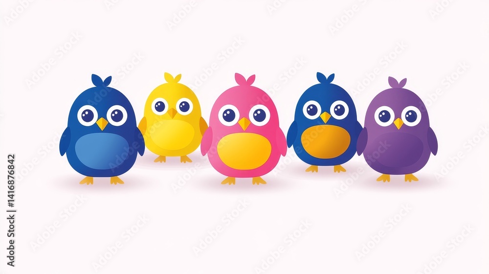 Poster charming avian assemblage featuring adorable pixelated birds in a vibrant spectrum of colors showcas