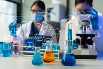 Glass vial, pipette and scientist in laboratory for medical study, research or experiment. Test tube, dropper and professional person with chemical liquid for pharmaceutical innovation.