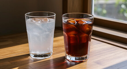 Glass of clear water with ice next to a glass of iced coffee or cold brew. Drinks on wooden table near sunlit window. Simple refreshment, morning beverages.