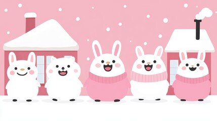 CharmingPixelatedWinterScene:AWhimsicalCartoonofFluffyBunniesAmidstSnowyHousesinPastelPinkCreatingaDelightfulandNostalgicWinterIllustration