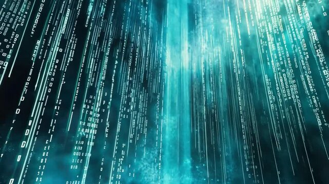 Mesmerizing Digital Landscape Glowing Data Streams and Cascading Binary Code in Futuristic Environment, Showcasing Technology and Innovation with Vibrant Blue Tones.