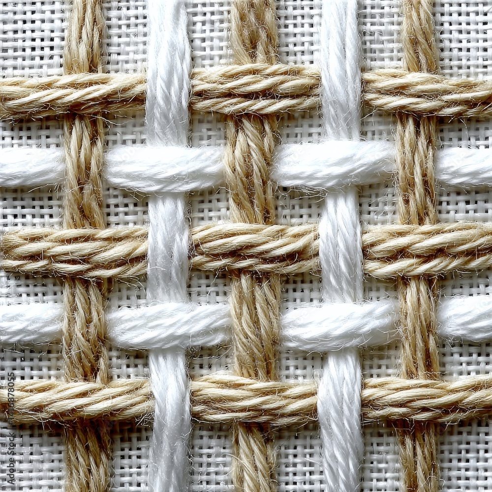 Poster close-up of woven fibers in a grid pattern, featuring white and tan rope threads intertwined on a fi