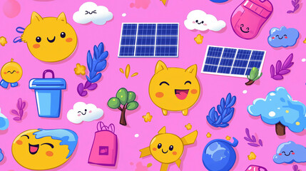 Eco-friendly sticker pattern. Sun with face, solar panels, trash bins and trees on pink background. Earth day and ecology concept.