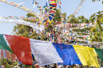 Nepal Nagarkot province Bagmati temple with flags in the wind