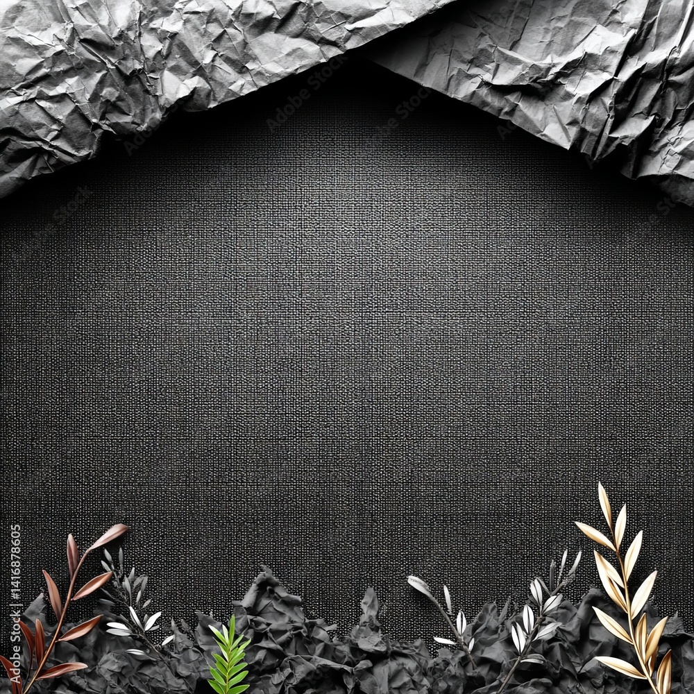Poster dark textured canvas with crumpled paper and botanical accents, a study in contrast and texture