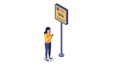 Woman waiting at public bus stop using smartphone in casual outfit flat design vector illustration