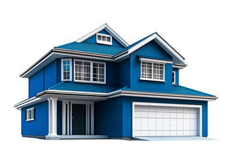 A large, modern blue house with multiple windows and car garage isolated on transparent background