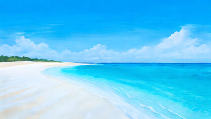Beautiful sandy beach with white sand and rolling, calm wave of turquoise ocean on a Sunny day with white clouds in blue sky. An island in the Maldives, colorful, perfect, panoramic natural landscape