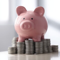 A pink piggy bank sits atop stacks of silver coins, symbolizing savings and financial growth on a reflective surface