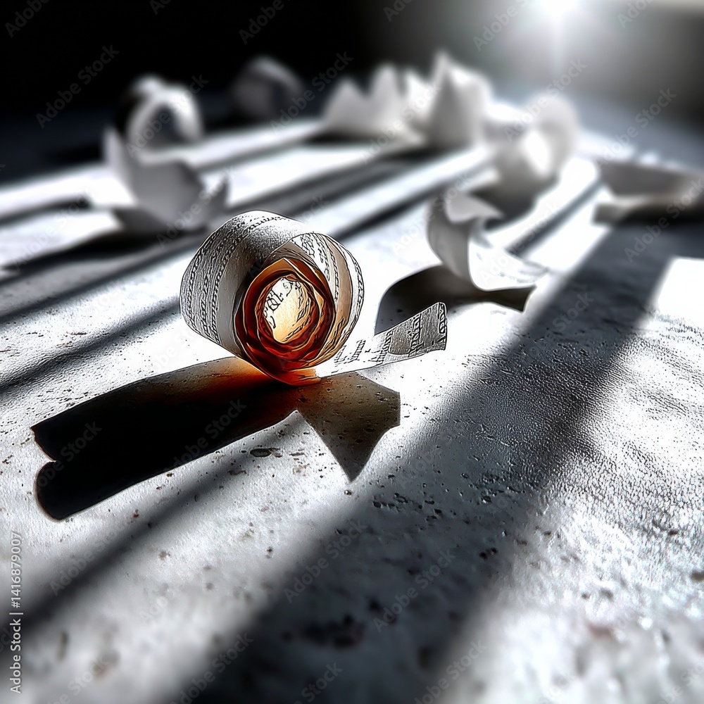 Aufkleber ephemeral fragments: a paper curl bathed in sunlight, surrounded by torn remnants on a textured surf
