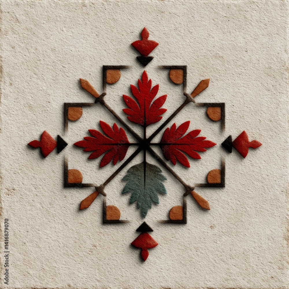Poster floral motif on textured background with geometric elements and symmetrical design for graphic purpo