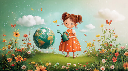 Little girl with watering can watering globe. Environmental protection concept, ecologists. Earth day