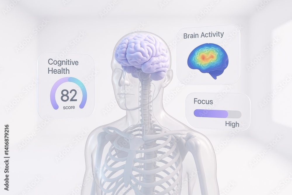 Poster cognitive exploration: a futuristic depiction, visualizing cognitive function, brain activity, and o