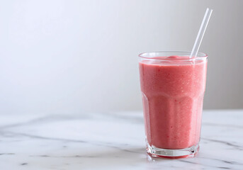 Thick pink fruit smoothie with a straw in a glass on a white marble surface. Healthy blended beverage, minimalist light background setting.